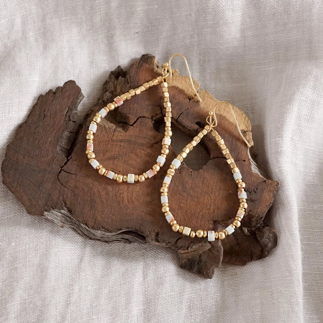 Natural Stone & Gold Beaded Earrings
