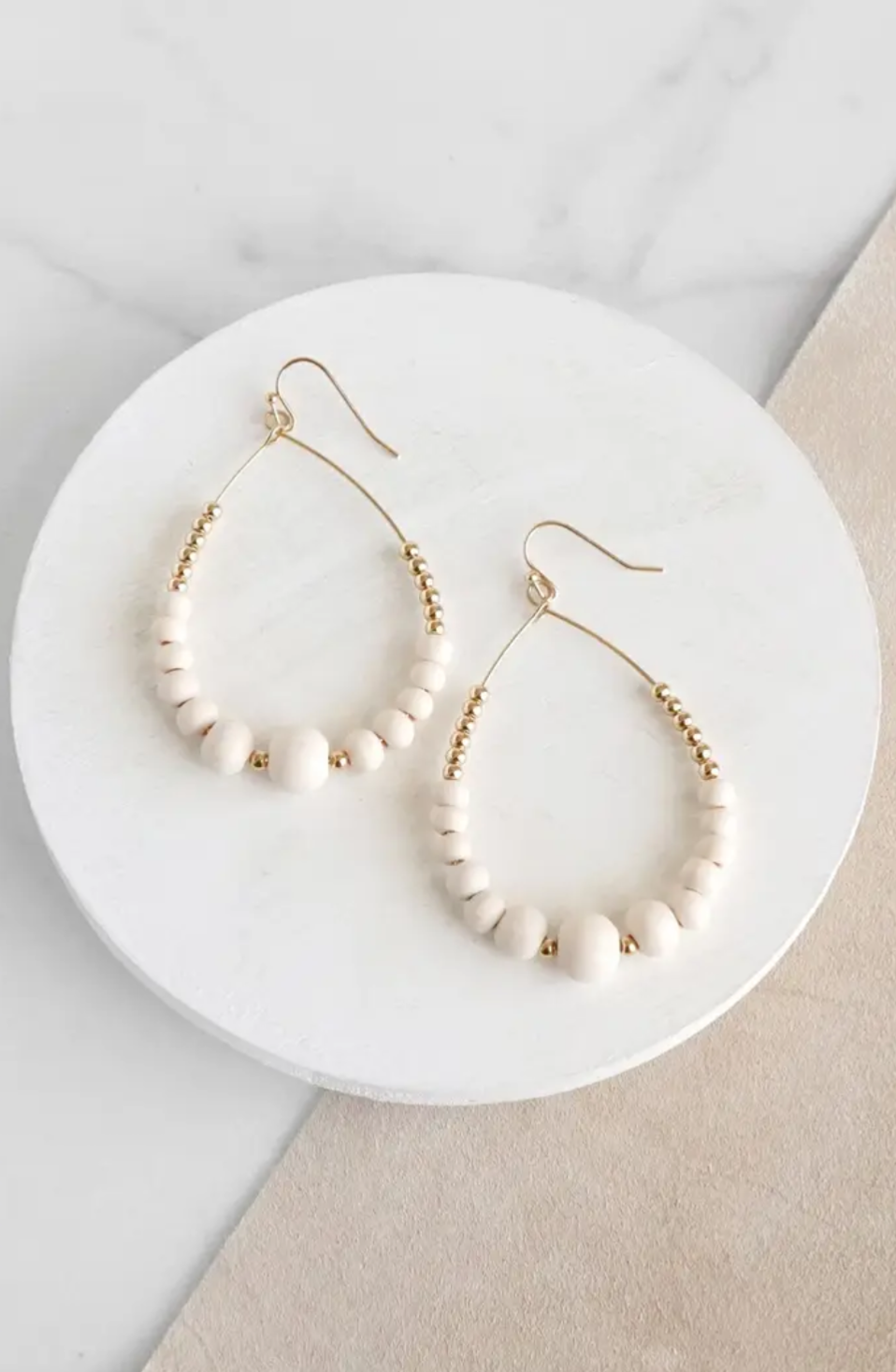 Natural Wood & Gold Beaded Earrings