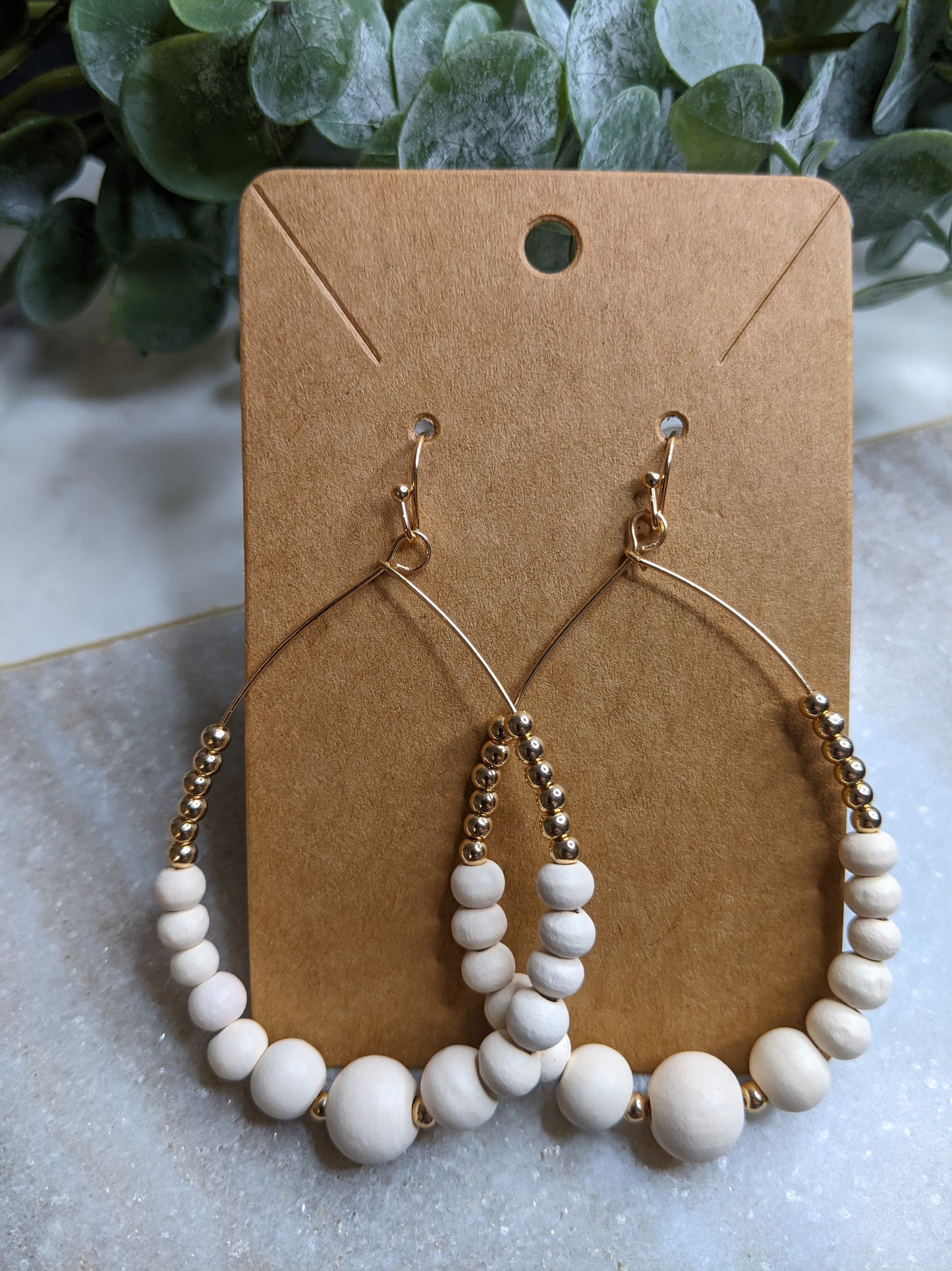 Natural Wood & Gold Beaded Earrings